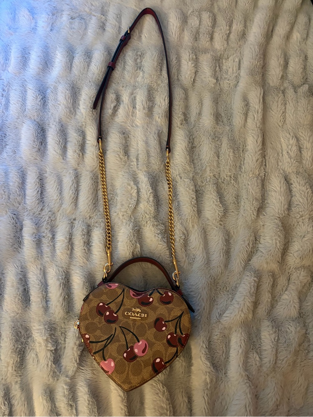 Coach Heart Crossbody Bag in Brown with Pink & Red Cherry Print